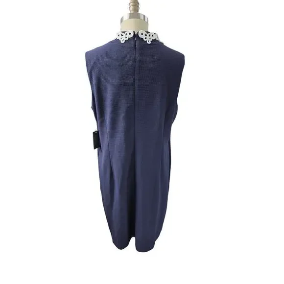 NWT Vince Camuto Navy Blue Polyester Dress White Embroidery Waffle Textured 18W - Picture 3 of 5